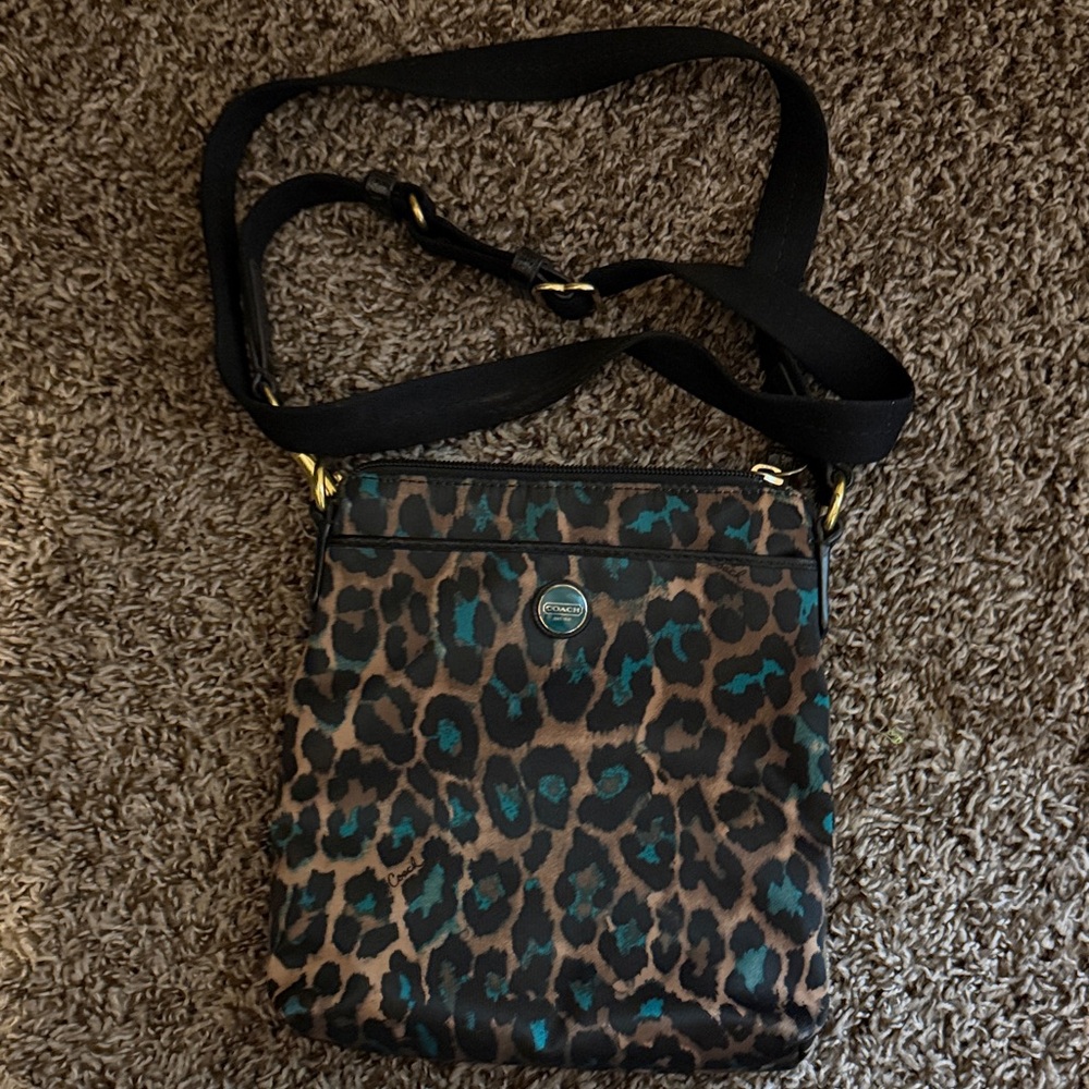 Coach Black and Teal Leopard Print Crossbody Bag